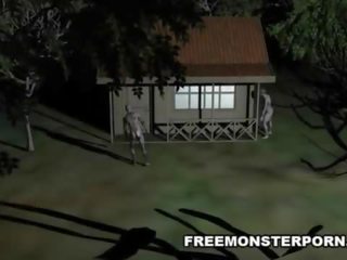 Gros seins 3d dessin animé nana baisée dur en plein air par une zombie