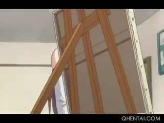 Soberbo hentai boneca dando quente espanholada e broche em casa de banho